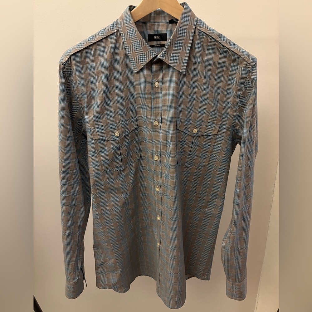 Hugo Boss Casual Collared Shirt Plaid Italian Yarn Blue/Gray 17/43 (XL) Slim Fit